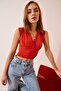 Women's Orange Deep V-Neck Crop Sandy Knitted Blouse BF00039