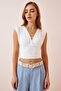 Women's Ecru Deep V-Neck Crop Sandy Knitted Blouse BF00039 - 3
