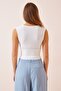 Women's Ecru Deep V-Neck Crop Sandy Knitted Blouse BF00039 - 4