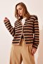 Women's Camel Black Striped Stylish Buttoned Bearded Knitwear Cardigan Yy00115 - 9