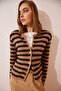 Women's Camel Black Striped Stylish Buttoned Bearded Knitwear Cardigan Yy00115 - 8
