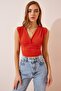 Women's Orange Deep V-Neck Crop Sandy Knitted Blouse BF00039 - 3