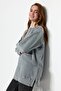 Gray Washed Oversize Knitted Sweatshirt with Side Slit Detail Tctss23Tw00062