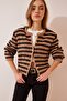 Women's Camel Black Striped Stylish Buttoned Bearded Knitwear Cardigan Yy00115
