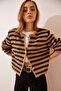 Women's Camel Black Striped Stylish Buttoned Bearded Knitwear Cardigan Yy00115 - 4