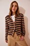 Women's Camel Black Striped Stylish Buttoned Bearded Knitwear Cardigan Yy00115 - 6