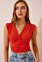 Women's Orange Deep V-Neck Crop Sandy Knitted Blouse BF00039 - 2