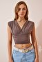Women's Mink Deep V-Neck Crop Sandy Knitted Blouse BF00039 - 4