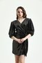 Padded Velvet Front Tie Double Breasted Gold Sequin Detailed Mini Dress Black