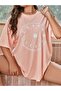 Gratitude - Kindness - Humility Written, Sun and Moon Printed Coral Pink Oversize T-shirt