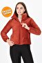 Women's Tile High Collar Zipper Detailed Winter Velvet Coat with Pockets Nb7154