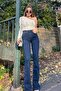 Navy Blue Flare Leg Denim Trousers High Waist Flare Jeans Combinator - 3