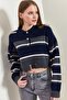 Women's Gray Navy Blue Polo Collar Ripped Sweater 40301027 - 4