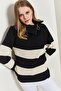 Women's Black Half Turtleneck Side Zipper Striped Sweater 40301011