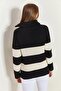 Women's Black Half Turtleneck Side Zipper Striped Sweater 40301011 - 2