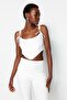 Ekru Crop Astarlı Biyeli Korse Detaylı Örme Dantel Büstiyer TPRSS23BS00032 - 2