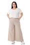 Large Size Ribbed Stitched Pocket Zippered Wide Leg Linen Beige Trousers