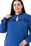 Plus Size Neck and Ruffle Detail on the Chest Indigo Blouse with Side Slits - 4