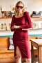Women's Claret Red Square Collar Slit Midi Dress ELB-19001822 - 5