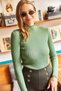 Women's Aged Green Half Fisherman Bright Textured Knitwear Sweater KZK-19000127