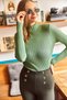 Women's Aged Green Half Fisherman Bright Textured Knitwear Sweater KZK-19000127 - 4