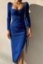 Women's Crepe Fabric Chest Filled Slit and Ruffle Detailed Long Sleeve Blue Midi Dress 142 - 3