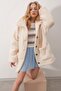 Women's Beige Polo Collar Double Pocket Front Buttoned Plush Coat ALC-X9681 - 4
