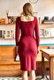 Women's Claret Red Square Collar Slit Midi Dress ELB-19001822 - 6