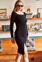 Women's Black Square Collar Slit Midi Dress ELB-19001822