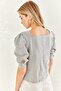 Gray – U-Neck Crinkle Balloon Sleeve Blouse - 4