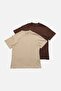 Kahverengi-Bej 2'li Paket %100 Pamuk Basic Dik Yaka Örme T-Shirt TWOSS20TS1500 - 13
