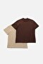 Kahverengi-Bej 2'li Paket %100 Pamuk Basic Dik Yaka Örme T-Shirt TWOSS20TS1500 - 17