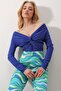 Women's Cobalt Blue Deep V-Neck Front Draped Sandy Blouse ALC-X9774 - 4
