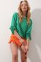Women's Green Crew Neck Sleeves Adjustable Gathered 2 Thread Crop Sweatshirt ALC-X9786