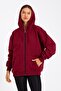 Claret Red Kangaroo Pocket Hooded Zippered Inside Cotton Oversize Women's Sweatshirt - 5