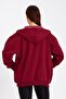 Claret Red Kangaroo Pocket Hooded Zippered Inside Cotton Oversize Women's Sweatshirt - 6