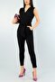 Flexible Fabric Belt Detailed Double Breasted Collar Sleeveless Black Jumpsuit Hy-61100 - 2