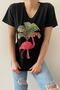 Women's Black V-neck Flamingo Sequin Embroidered Cotton T-shirt - 3