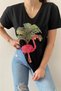 Women's Black V-neck Flamingo Sequin Embroidered Cotton T-shirt - 6
