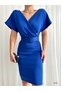 Women's Belted Half Sleeve Skuba Fabric Double Breasted Collar Evening Dress Night Graduation Dress Cobalt Blue