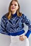Women's Blue Turtleneck Patterned Sweater 20235009 - 5