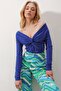 Women's Cobalt Blue Deep V-Neck Front Draped Sandy Blouse ALC-X9774 - 5
