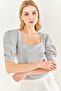Gray – U-Neck Crinkle Balloon Sleeve Blouse