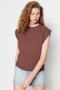 Kahverengi %100 Pamuk Vatka Görünümlü Basic Bisiklet Yaka Örme T-Shirt TWOSS20TS0021 - 2