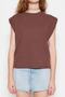Kahverengi %100 Pamuk Vatka Görünümlü Basic Bisiklet Yaka Örme T-Shirt TWOSS20TS0021 - 4