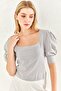 Gray – U-Neck Crinkle Balloon Sleeve Blouse - 3