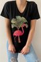 Women's Black V-neck Flamingo Sequin Embroidered Cotton T-shirt - 4