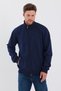 Cotton Zippered Men's Navy Blue Cardigan with Stand Collar and Side Pockets