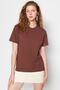 Kahverengi %100 Pamuk Bisiklet Yaka Oversize/Geniş Kalıp Örme T-Shirt TWOSS20TS0134 - 7