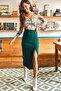 Women's Emerald Green Slit Drape Detailed Zippered Midi Sandy Skirt ETK-19000229